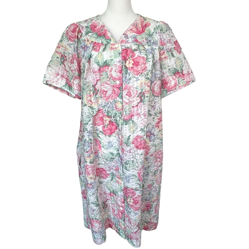 MISS ELAINE Woman's XL Pink Floral Short Sleeve House‎ Dress Nightgown Pockets